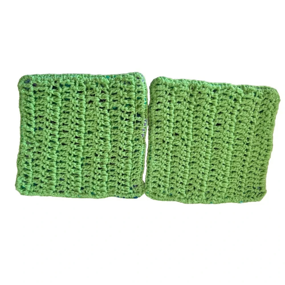 2 Vintage 1970s MCM Hand Crocheted Green Square Hot Pad Pot Holder Trivet NOS